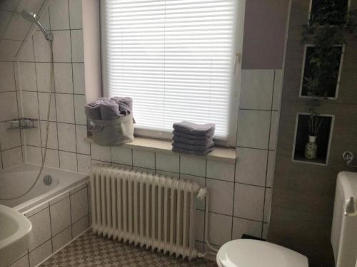 a bathroom with a toilet and a sink and a window at Wohnung mit Fernblick in Jübek