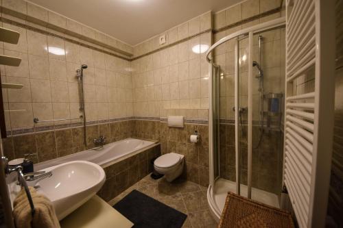 La salle de bains est pourvue d'un lavabo, de toilettes et d'une douche. dans l'établissement Rosehill Side Apartment, à Budapest