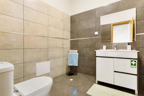 a bathroom with a toilet and a sink and a mirror at Casa da Pontinha in Machico