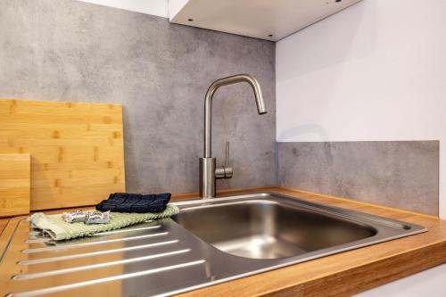 a stainless steel kitchen sink with a faucet at Die Alter Schwede Wohnung 3 in Vechta