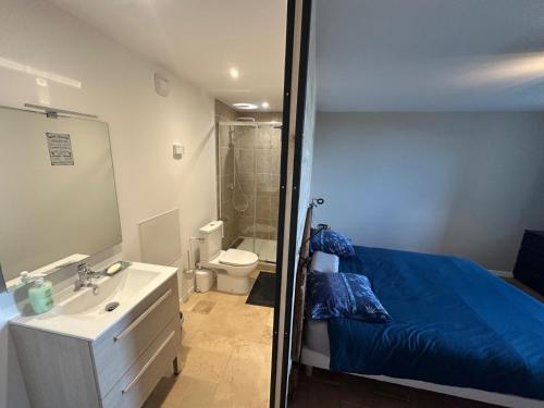 a bathroom with a bed and a sink and a shower at Domaine avec vue cirque du Levancou in Saint-Georges-de-Luzençon