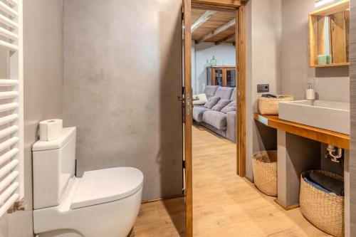 a bathroom with a toilet and a sink and a couch at Cal Manyà in Susqueda