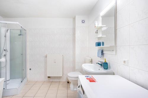 a white bathroom with a toilet and a sink at Ferienwohnung Steinstübchen in Bautzen