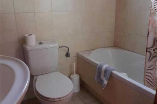 a bathroom with a toilet and a tub and a sink at Villa Milia in Agios Nikitas