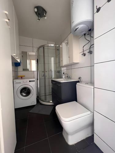 a bathroom with a toilet and a sink and a washing machine at Mirador los molinos in San Bartolomé