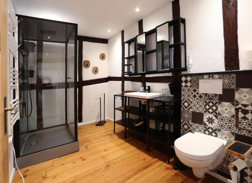 a bathroom with a shower and a toilet and a sink at Quartierblancdenoir Wohnungen in Reil
