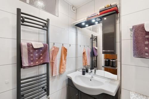 a bathroom with a sink and a mirror at Ferienwohnung Eva Maria in Pforzheim