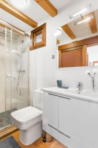 a bathroom with a toilet sink and a shower at Ca'n Doi in Sóller