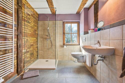 a bathroom with a sink and a shower and a toilet at Kleiner Eselhof in Semlow