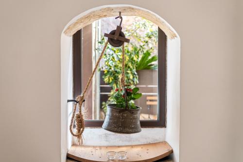 a window with a pot with a plant in it at Es Raco in Costitx