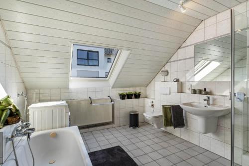 a bathroom with a sink and a toilet and a tub at Vista-Homert in Eslohe
