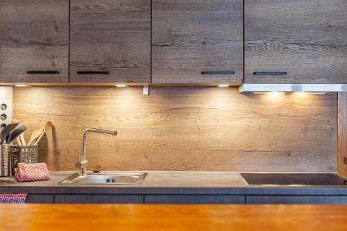 a kitchen with a sink and a wooden wall at Haus Excelsior Top 31 in Seefeld in Tirol
