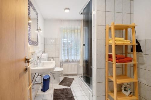 a bathroom with a toilet and a sink at Haus Annenberg in Monzelfeld