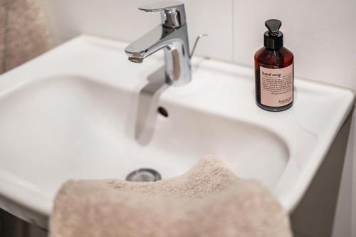 a bottle of soap sitting on top of a sink at Fewo Kleines Glück in Friesenheim