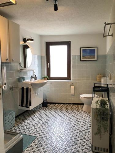 a bathroom with a sink and a toilet and a window at das rote Ferienhaus Terlinden in Lieser
