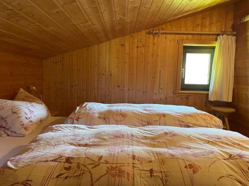 two beds in a room with wooden walls and a window at Fewo 2 am Auweg in Hirschegg