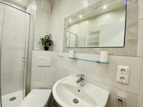 a bathroom with a sink and a toilet and a mirror at 307 im Lord Nelson in Cuxhaven