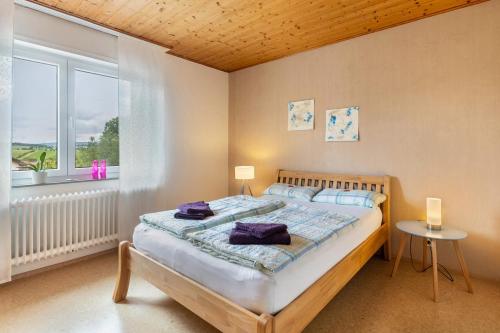 a bedroom with a large bed and a window at Ferienwohnung Landblick in Homberg