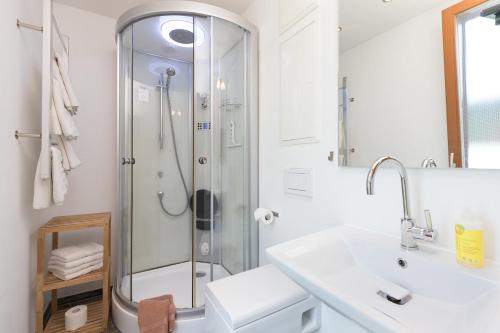 a bathroom with a shower and a sink at Ferienhaus Am Sedelbach in Deggenhausertal