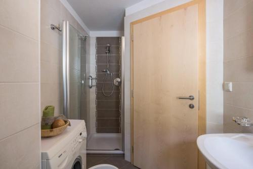 a bathroom with a shower and a toilet and a sink at Golserhof Sonne in Cadipietra