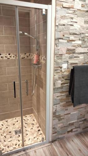 a shower with a glass door in a bathroom at Au Nid Douillet in Bourges
