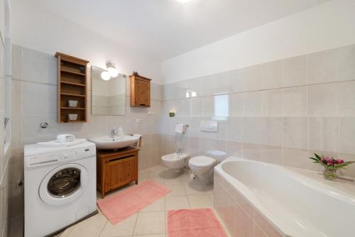 a bathroom with a sink and a washing machine at Kati´s Haus in San Pancrazio dʼUltimo