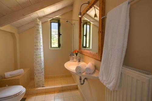 a bathroom with a sink and a mirror and a toilet at Villa Mataki Ideales Resort in Kefallonia