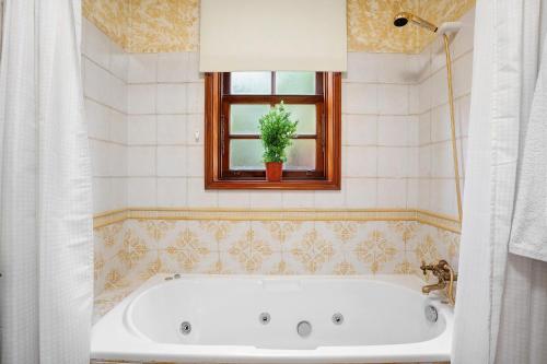 a bath tub in a bathroom with a window and a plant at Casa 1700 Los Quemados in Los Quemados