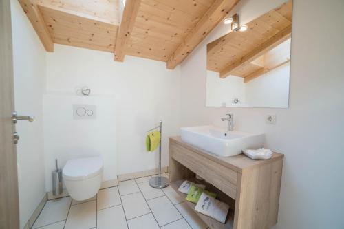 a bathroom with a sink and a toilet at Gasserhof - Chalet B in Meltina