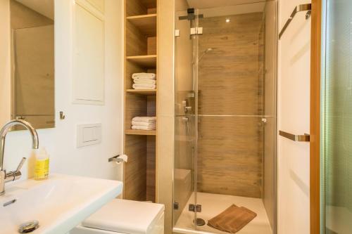 a bathroom with a shower with a sink and a toilet at Ferienhaus Falkenhalde in Deggenhausertal