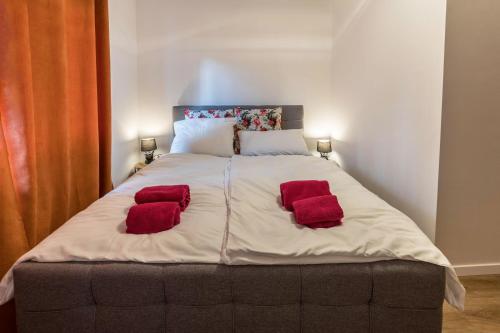 a large bed with two red pillows on it at Traumwohnung Radolfzell am Bodensee in Radolfzell am Bodensee