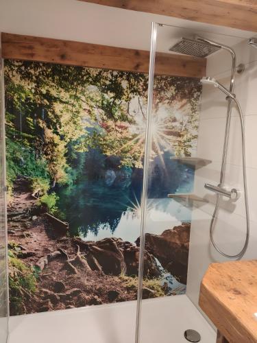a shower in a bathroom with a painting on the wall at Biobetrieb Lippenhof in Breitnau