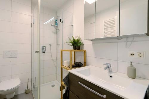 a bathroom with a sink and a toilet and a shower at Wohnung 4 Rosenstraße in Cham