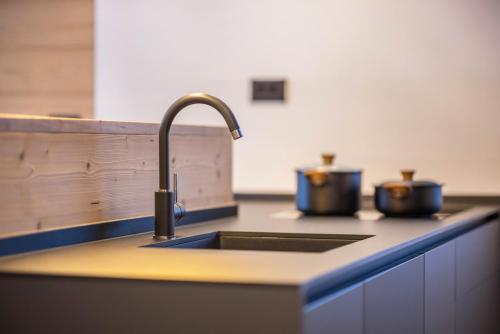 a kitchen counter with a sink and two pots at Apartments Armeri Black Dolomites in San Vigilio Di Marebbe