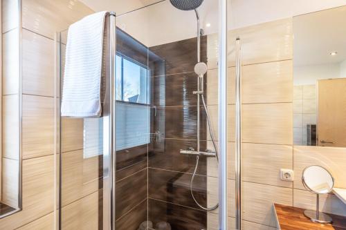 a shower with a glass door in a bathroom at Casa Meeresbrise Marlow in Marlow