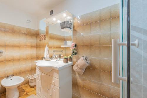ein Badezimmer mit Waschbecken, Toilette und Dusche in der Unterkunft Gary Vallée in Sazos