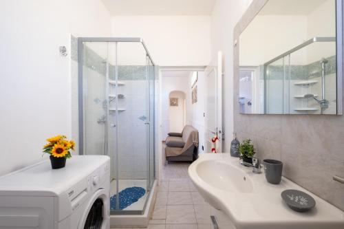 a bathroom with a shower and a sink and a washing machine at Villa Aurea Retreat Lux in Porto Cesareo