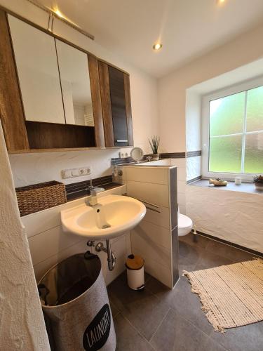 a bathroom with a sink and a toilet at Rosenzauber Kraxler Pärchen in Weißenstadt