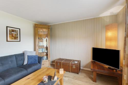 a living room with a blue couch and a flat screen tv at Ferienwohnung Dorlar in Schmallenberg