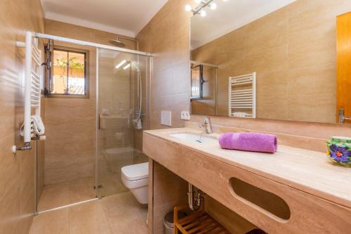 a bathroom with a sink and a shower and a toilet at Ses Serres in Santanyi
