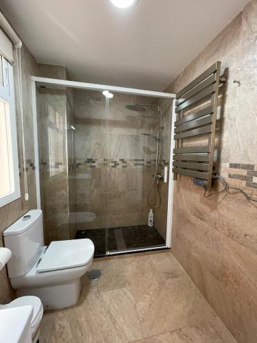 a bathroom with a shower and a toilet and a sink at El Portil Pinares in El Portil