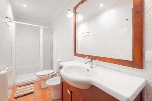 a bathroom with a sink and a toilet and a mirror at Cueva Del Sereno in Chulilla