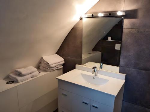 a bathroom with a sink and a mirror at L'alouette - Gites Rocheflamme in La Malène