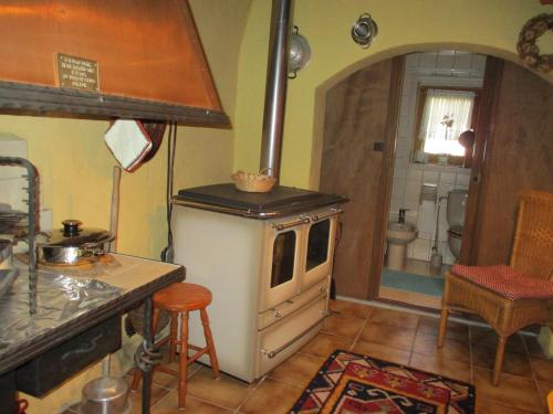 a kitchen with an old fashioned stove and a bathroom at Altes Jägerhaus in Lübbenow