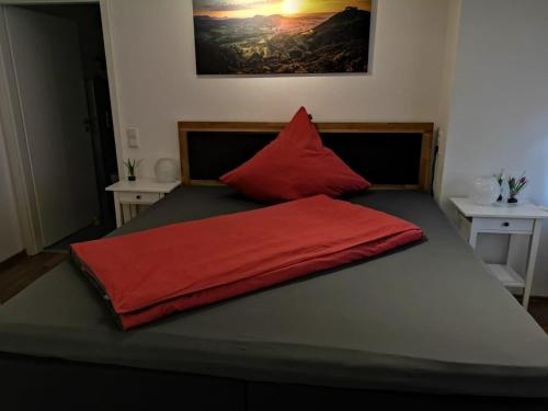 a bed with a red pillow on top of it at Ferienwohnung Hogh, 55qm, Terrasse in Beuren