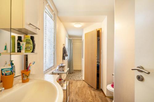 a bathroom with a white sink and a shower at Bungalow 145 in Zeulenroda