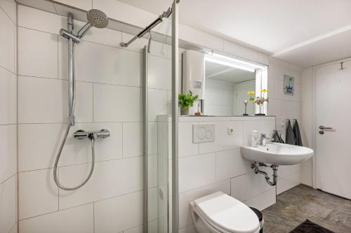 a bathroom with a shower and a toilet and a sink at Meerlust Travemünde in Travemünde