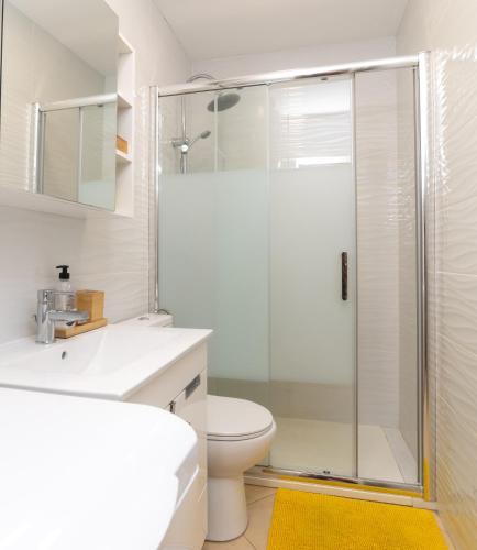 a bathroom with a shower and a toilet at Casa 5 Flores in Odeceixe