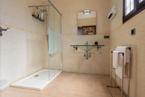 a bathroom with a shower with a glass door at Villa Oasis in Lora del Río