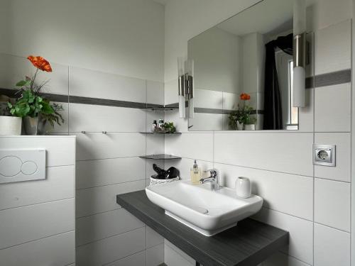 a white bathroom with a sink and a mirror at Ferienhaus Sweethome - mit Garten in Bad Sachsa